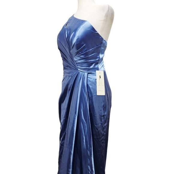 One-Shoulder Blue Satin Gown Size 4 panty bridesmaid dress - Picture 7 of 9